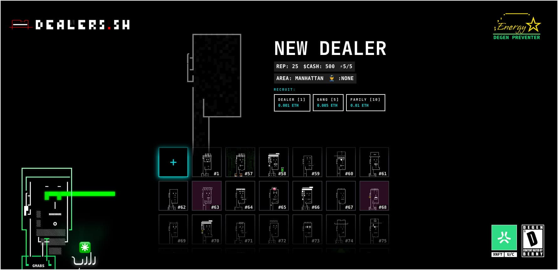 The recruiter on dealers.sh/play: choose a dealer, gang, or family pack and meet your new crew.